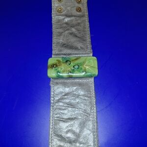 Silver Leather Bracelet with Green Stone Accent